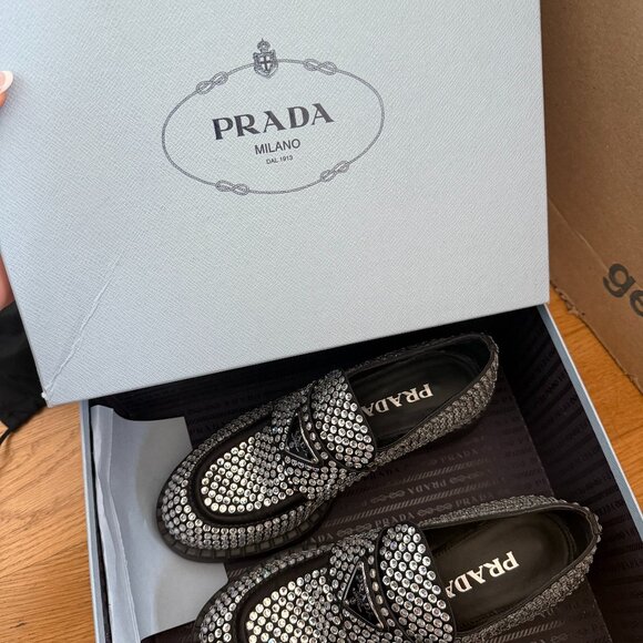 Prada Loafers Black Satin Crystal Embellished Metal Triangle Logo Sz 37 - Picture 3 of 14
